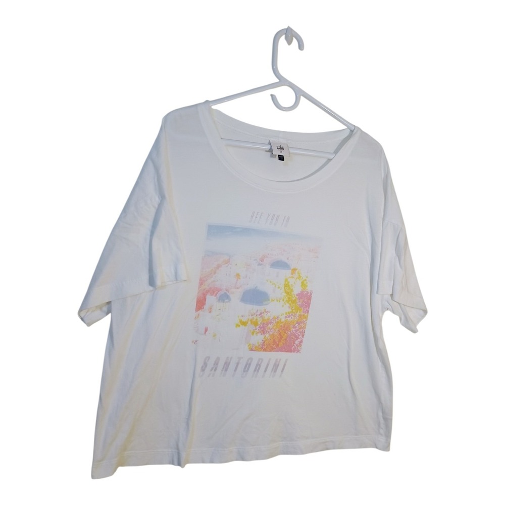 Cabi See You in Santorini Watercolor T-Shirt White Oversized Boxy Cotton Women M